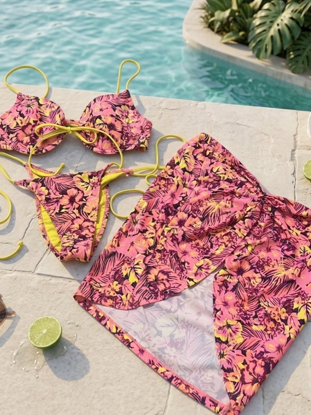 White Fox Boutique Pink and Yellow Floral Bikini 3 pcs Set